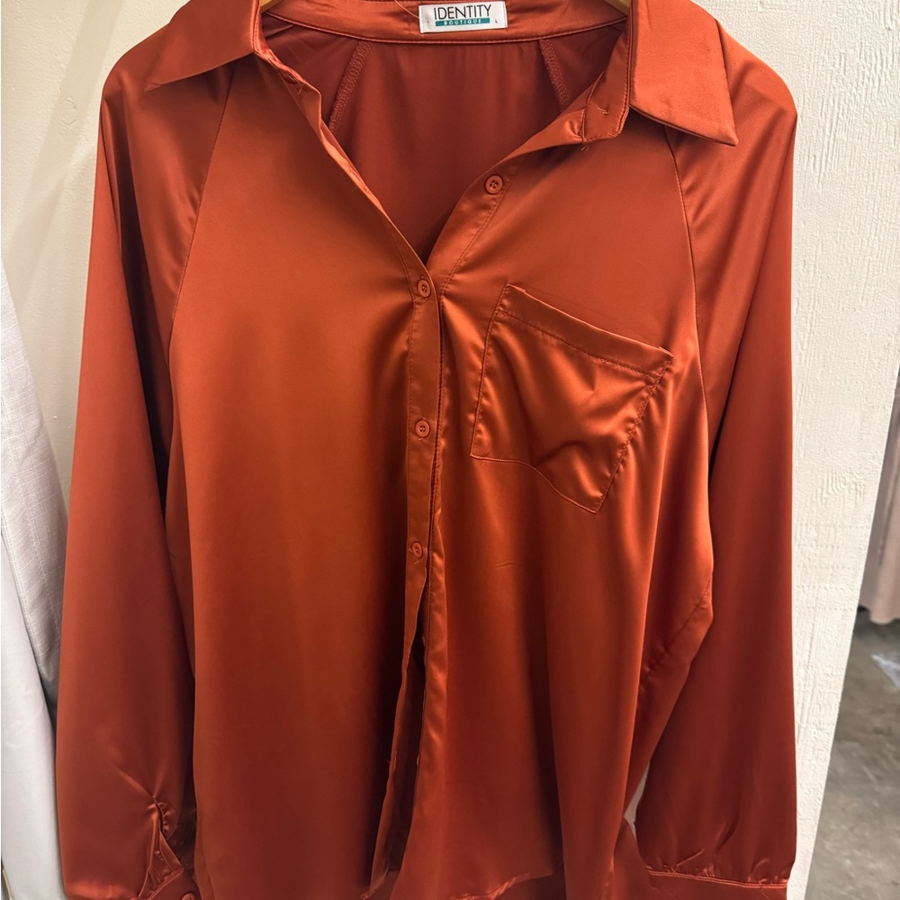 Rust Orange Satin Button-Up Shirt